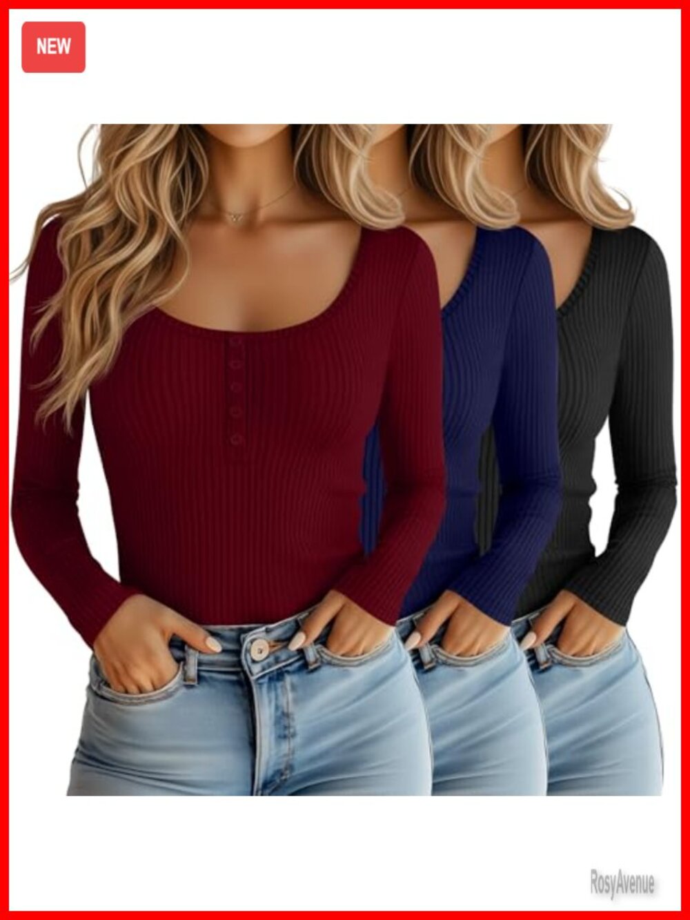 Women Cotton Long Sleeve Henley Shirts Button Ribbed Top